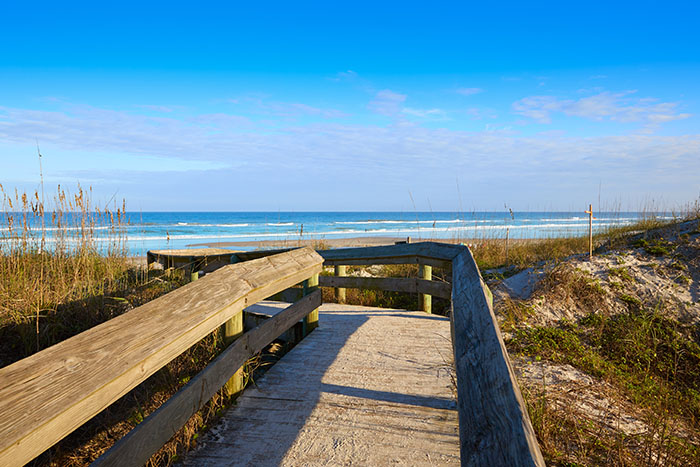 A wooden boardwalk winds through sea grass and dunes toward the ocean under a clear sky.