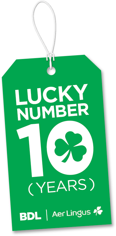green luggage tag: Lucky Number 10 (years): BDL + Aer Lingus